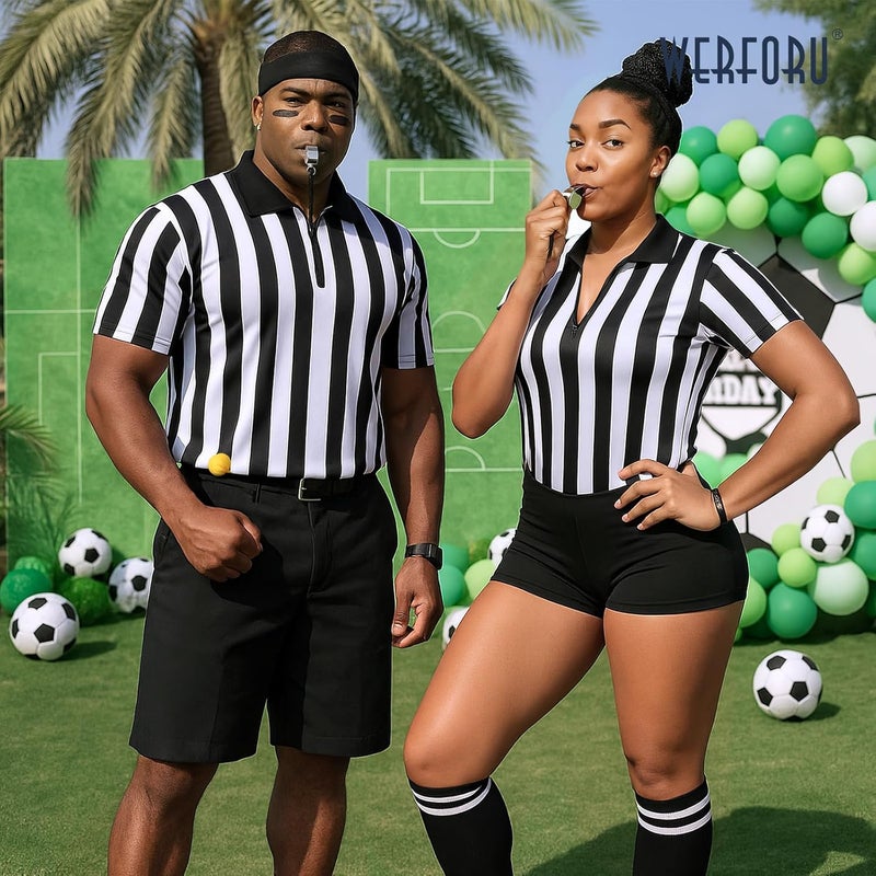 Werforu Referee Costume Set for Unisex,Zipper Ref Stripe Shirt Penalty Flag and Whistle for Football Sports Halloween Cosplay - Image 3